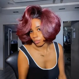 Perruque Bob Glueless 99J Ombré 5x5 Carré Bouclé Dégradé Rouge Bourgogne 250% Boucles Volumineuses