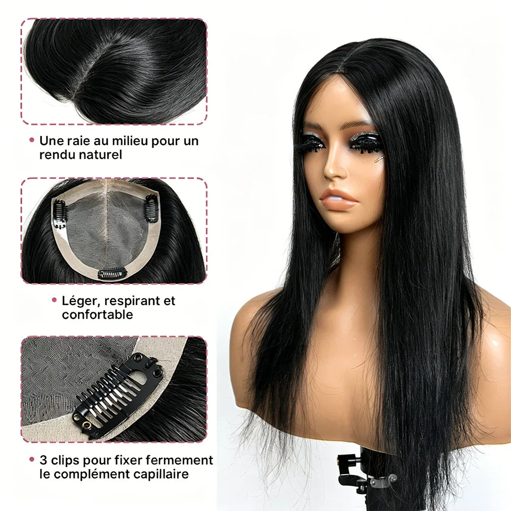Hair Topper Volumateur de Cheveux Lace 5x5 6x6 avec 5 Clips Noir Naturel Complément Capillaire