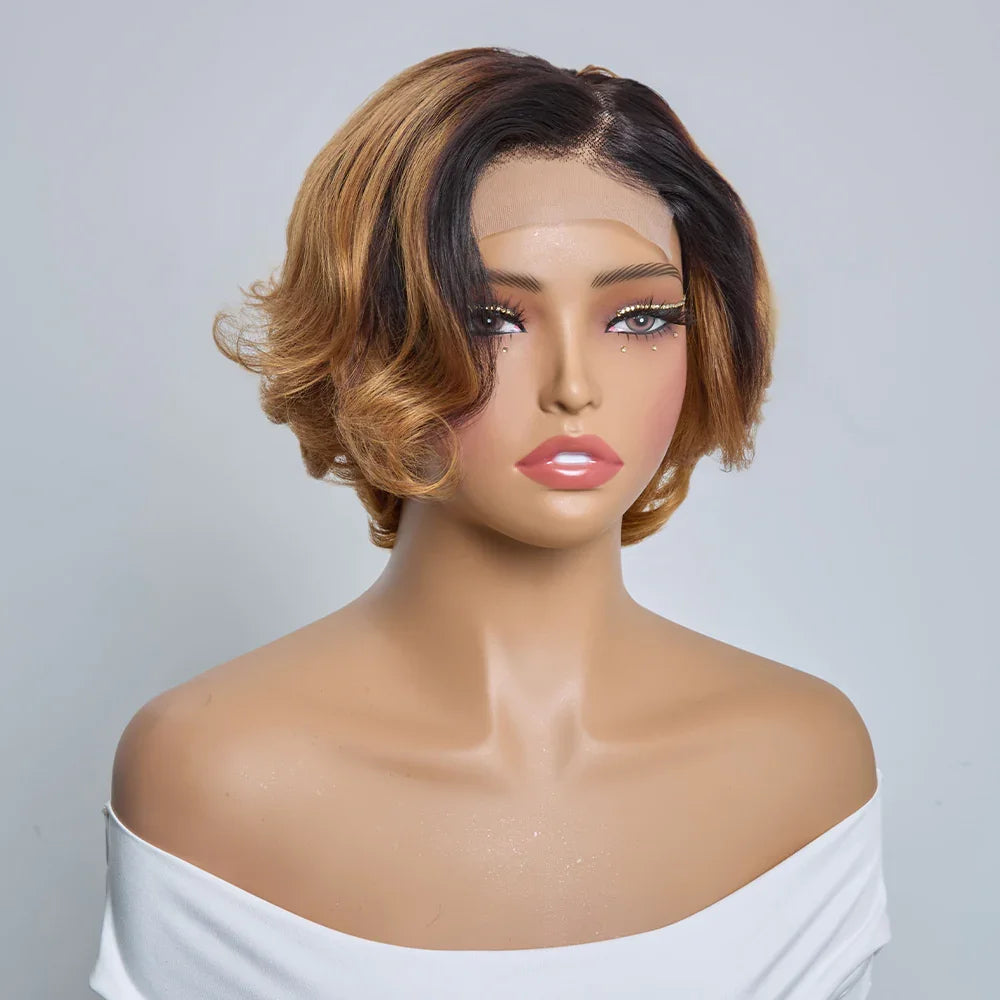4x4 Légèrement Ondulé Raie Sur Le Côté Glueless Sans Colle Perruque Short Bob Wavy