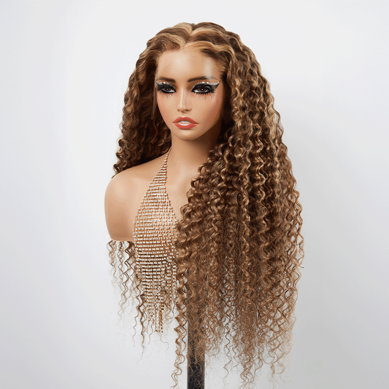 13x4 Glueless Parting Max & 360 Dentelle Frontale Perruque Couleur Mélangé #4/27 Bouclé