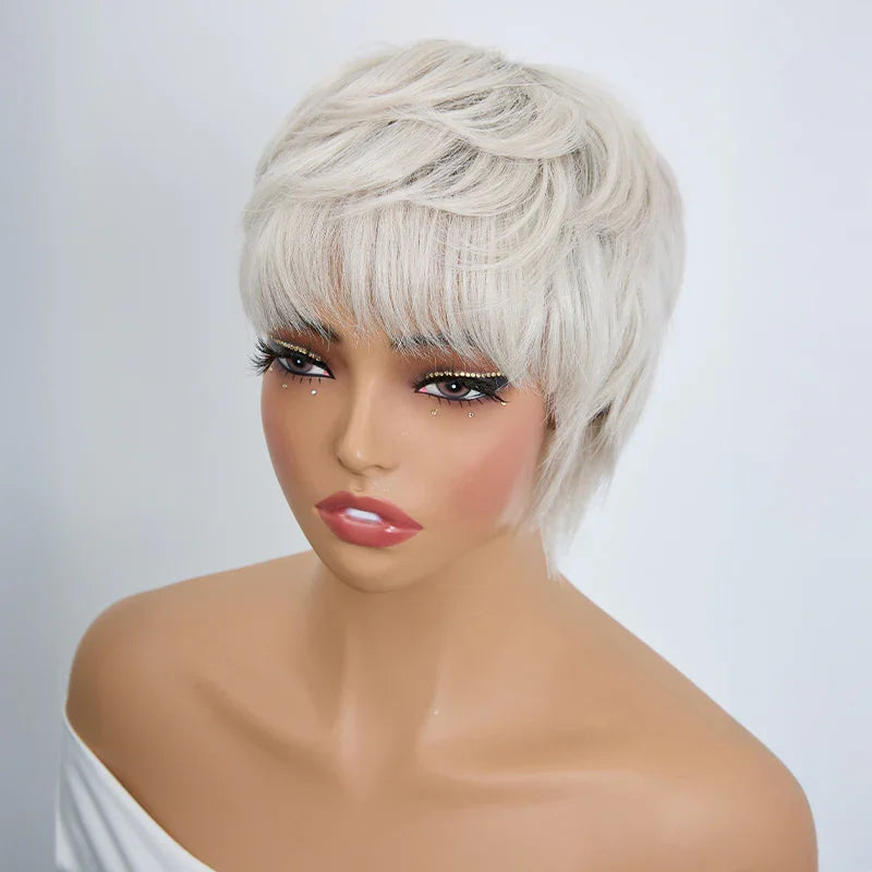 Perruque Pixie Bob Lisse Blanc Argenté Glueless Sans Colle 100% Cheveux Humains