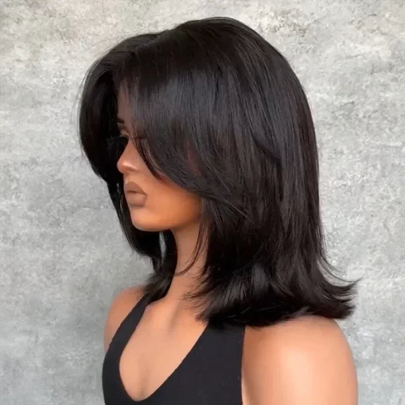 Effet Salon Glueless Couches Wear Go 4x4 Perruque Bob Sans Colle Avec Frange Cheveux Humains Ondulé
