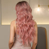 🎃28 Pouces Couleur Noir Ombré Rose Perruque Avec Frange Synthétique Ondulée De Idéale Pour Un Usage Quotidien, Les Soirées Ou Le Cosplay