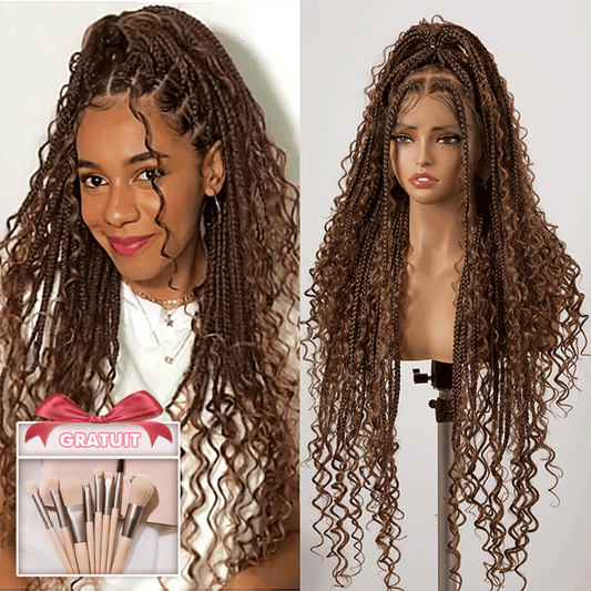 36 Pouces Perruque Tressée Bohème Brun Chocolat En Dentelle Complète Avec Cheveux De Bébé Synthétiques De Qualité Supérieure 300% Densité