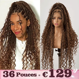 36 Pouces Perruque Tressée Bohème Brun Chocolat En Dentelle Complète Avec Cheveux De Bébé Synthétiques De Qualité Supérieure 300% Densité