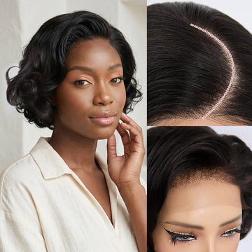 Perruque Short Bob Noir 5x5 HD Légèrement Ondulé Raie Sur Le Côté Glueless Sans Colle