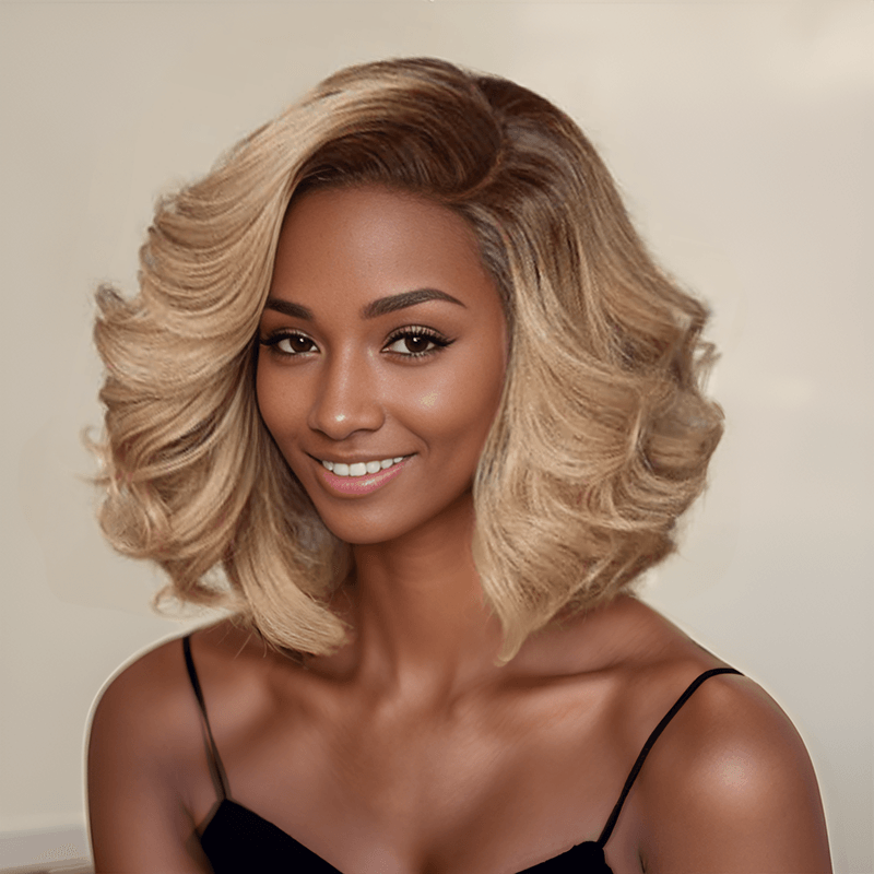 13x4 Guleless Perruque Style Bob Dégradée Blonde Ombrée Dentelle Pré-coupée