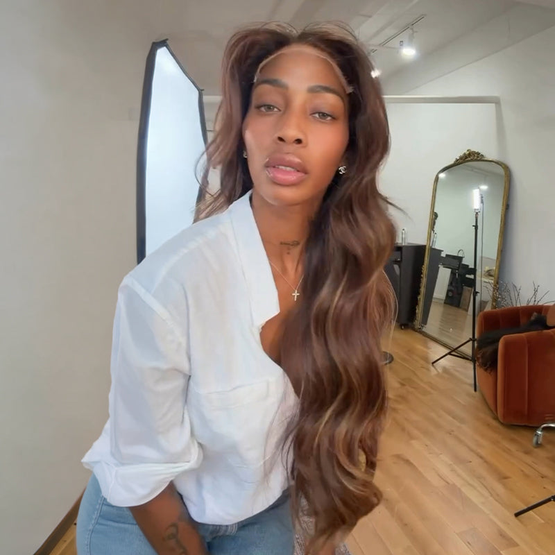 Perruque 13x4 Dentelle Balayage Brun Densité 250% Style Chic Densité 250% Wear & Go Glueless Highlight