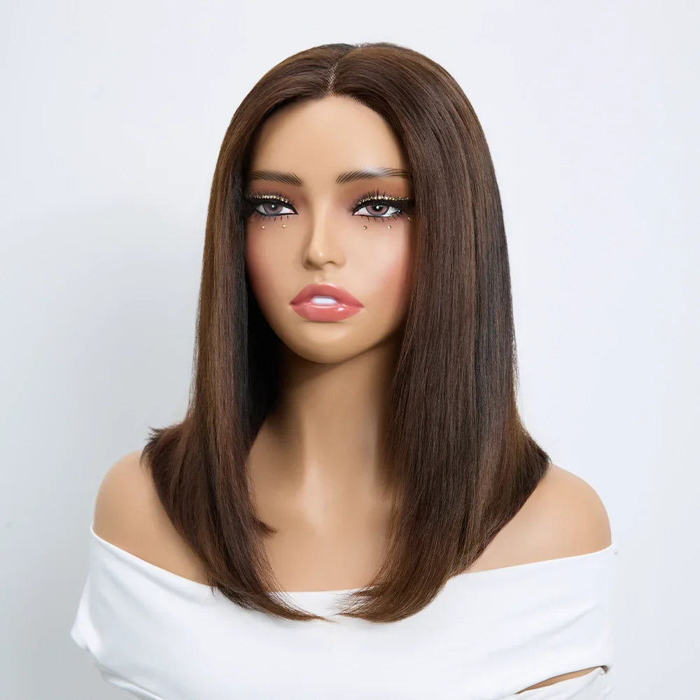 Perruque Bob 4x4 Sans Colle Noir Naturel & Mèches Brunes Cheveux Naturels Lisse