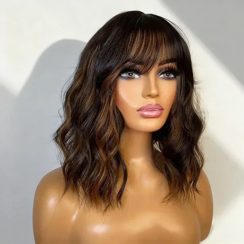 Bob Curly Wig with Bangs Black #4/27 Color 200% Density