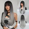 🎃Halloween Glueless Perruque Cheveux Synthétiques Lisse Ombrée Noire À Grise Sans Colle Avec Frange