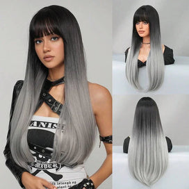 🎃Halloween Glueless Perruque Cheveux Synthétiques Lisse Ombrée Noire À Grise Sans Colle Avec Frange