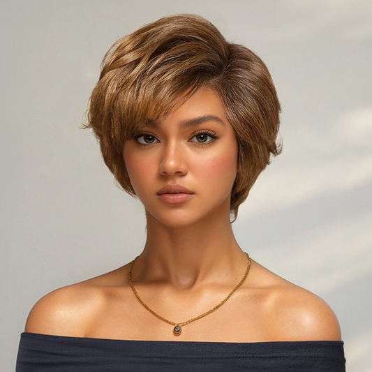 Glueless Couche Sans Nœuds Couleur Blonde Miel 7x4 Perruque Coupe Pixie Sans Colle