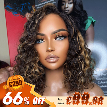 Glueless Couleur Mèches Blondes Miel 7x4 Nœuds Blanchis Perruque Sans Colle Bouclé