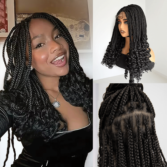 Perruque Tressée Afro En Dentelle Complète Tresses Boîte À Extrémités Bouclées Avec Cheveux Bébé Synthétique 300% Densité