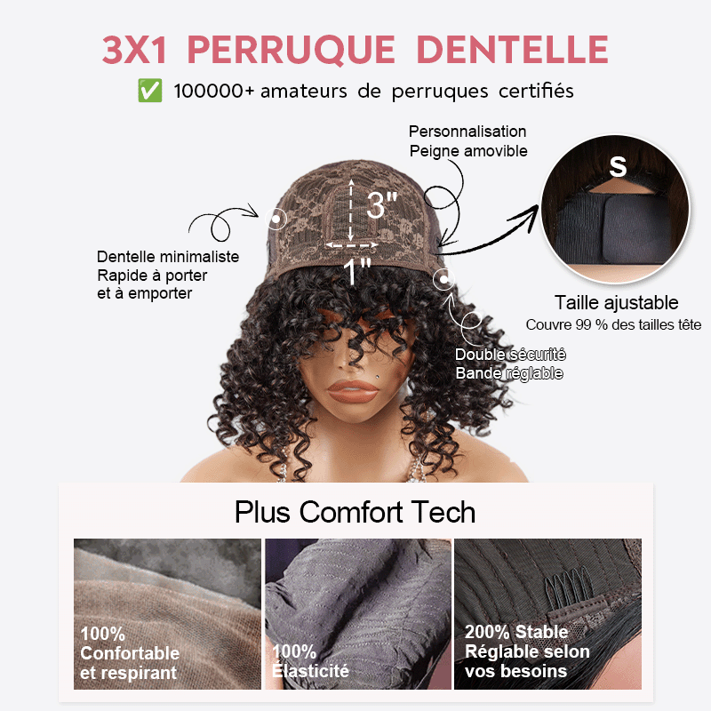 Glueless Brun Ombré Wear Go Perruque Bob Sans Colle Avec Frange Bouclé 250% Densité