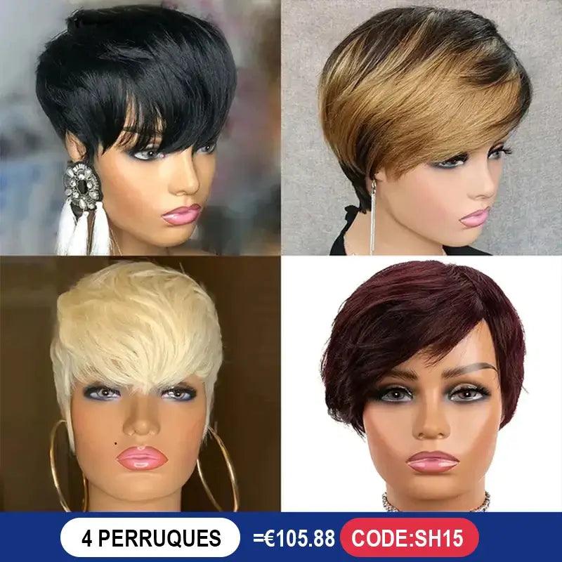 4 Perruque Pixie Cut Cheveux Humains Brésiliens Lisse - SHINE HAIR
