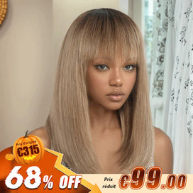 Ready to Wear Glueless Couleur Ombre Thé Lait Dégradé Lisse Perruque Sans Colle Bob Avec Frange