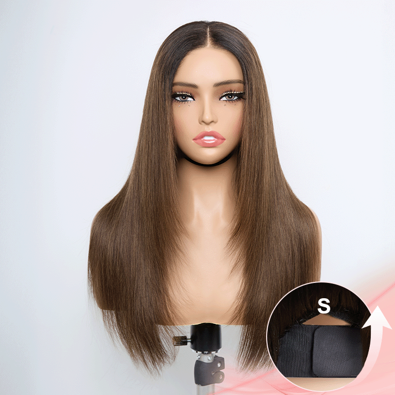 Style Salon Glueless Couche Sans Nœuds Brun Ombré 4x4 Perruque Sans Colle Lisse 250% Densité