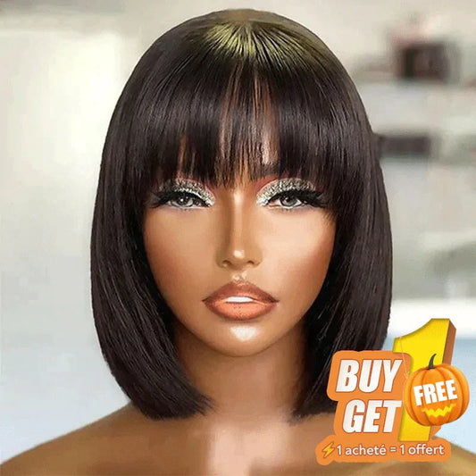 𝑩𝒖𝒚 1 𝑮𝒆𝒕 1 𝑭𝒓𝒆𝒆💥 Glueless Bob Perruque Avec Frange Perruque Cheveux Humains 200% Densité