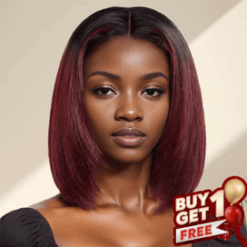 𝑩𝒖𝒚 1 𝑮𝒆𝒕 1 𝑭𝒓𝒆𝒆💥Les 3 derniers Glueless Couche Rouge Foncé Coupe Émoussée Bob 13x4 Perruque Sans Colle Lisse