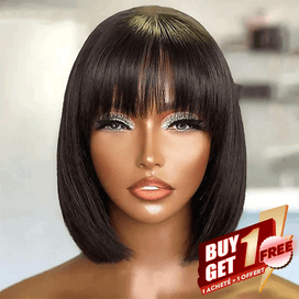 𝑩𝒖𝒚 1 𝑮𝒆𝒕 1 𝑭𝒓𝒆𝒆💥 Glueless Bob Perruque Avec Frange Perruque Cheveux Humains 200% Densité