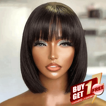 𝑩𝒖𝒚 1 𝑮𝒆𝒕 1 𝑭𝒓𝒆𝒆💥 Glueless Bob Perruque Avec Frange Perruque Cheveux Humains 200% Densité