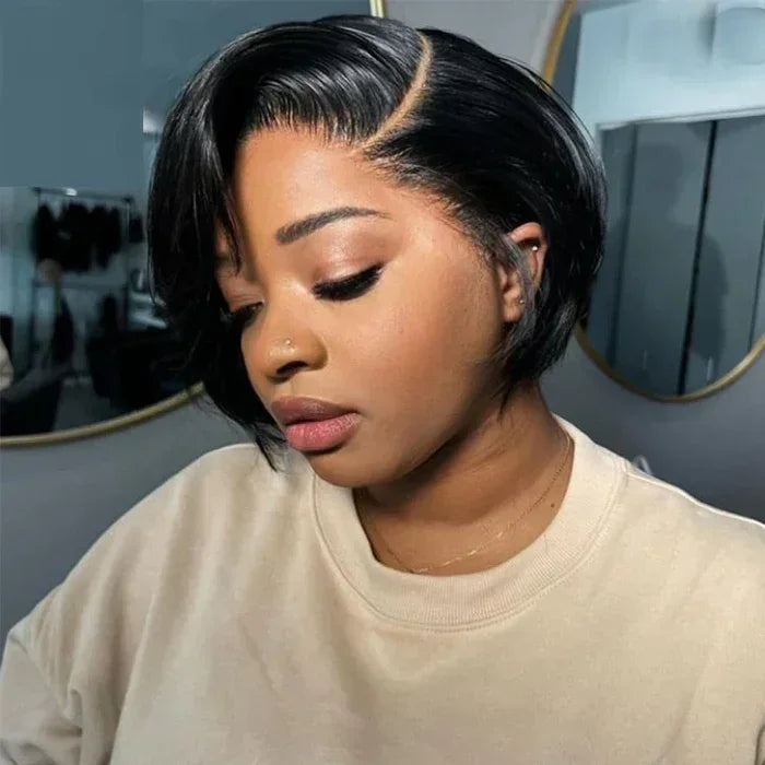 𝐏𝐫𝐞̂𝐭 𝐞𝐧 𝟐𝟒𝐡⚡Montage Facile Rapide Perruque Noir Coupe Pixie 13x4 Dentelle Lisse Cheveux Humains