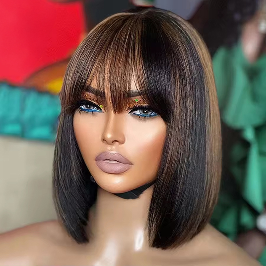 Pour Débutants Glueless Bob Perruque Cheveux Humains Avec Mèches Brunes Et Frange Lisse