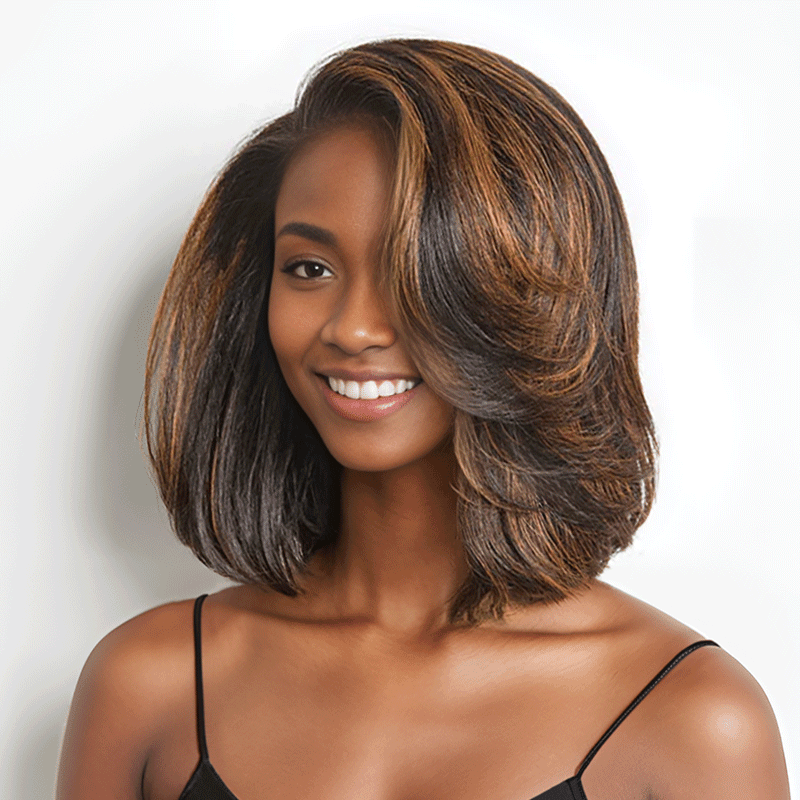 Glueless Couche Mèches Brune Highlight 7x4 Bob Perruque Sans Colle Ondulé 250% Densité