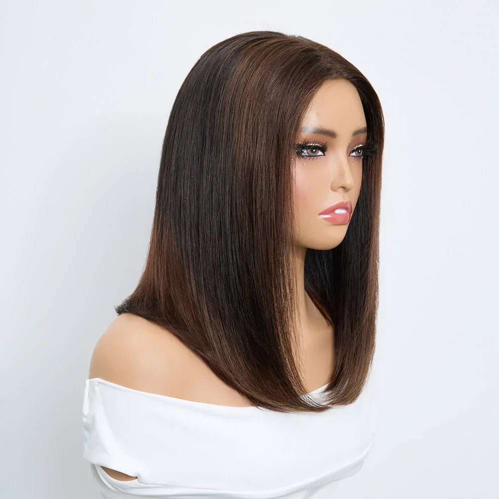 Perruque Bob 4x4 Sans Colle Noir Naturel & Mèches Brunes Cheveux Naturels Lisse