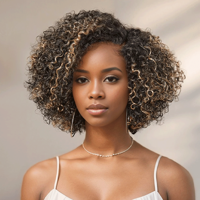 Classique Blond Miel Highlight Bob Kinky Curly 13x6 T Partie Dentelle Perruque