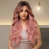 🎃28 Pouces Couleur Noir Ombré Rose Perruque Avec Frange Synthétique Ondulée De Idéale Pour Un Usage Quotidien, Les Soirées Ou Le Cosplay