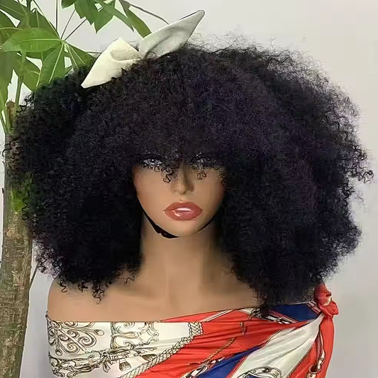 Glueless Style Brésilien Afro Kinky Curly Bob Perruque Sans Colle Avec Frange 350% Densité