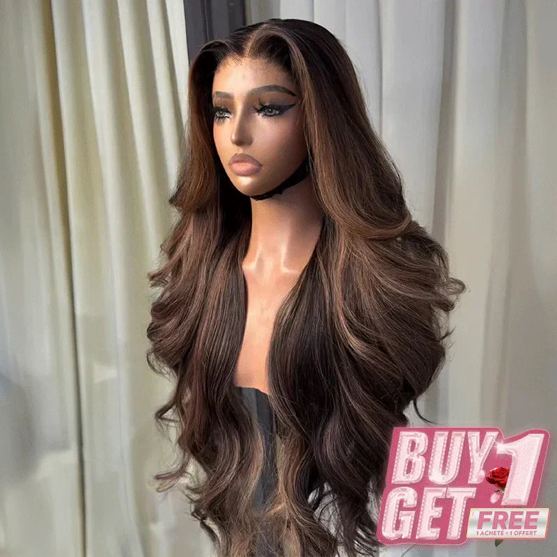 𝑩𝒖𝒚 1 𝑮𝒆𝒕 1 𝑭𝒓𝒆𝒆💥Glueless Couleur Highlight Burn Wear & Go 4x4 Perruque Sans Colle Body Wave 250% Densité