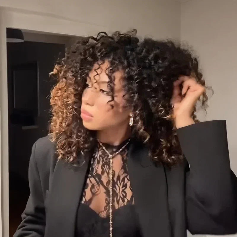 Glueless Brun Ombré Wear Go Perruque Bob Sans Colle Avec Frange Bouclé 250% Densité