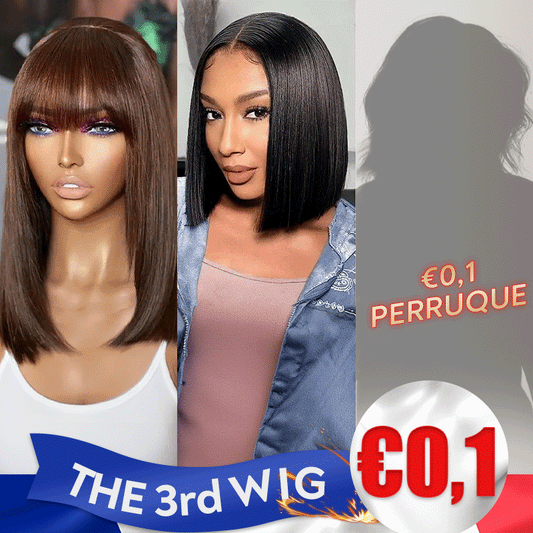 𝟑ᵉ 𝐩𝐞𝐫𝐫𝐮𝐪𝐮𝐞 𝐚̀  €𝟎,𝟏🔥Lisse Naturel 2x6 Dentelle Perruque 10"+Marron Coloré Bob Perruque Avec Frange Lisse 10"