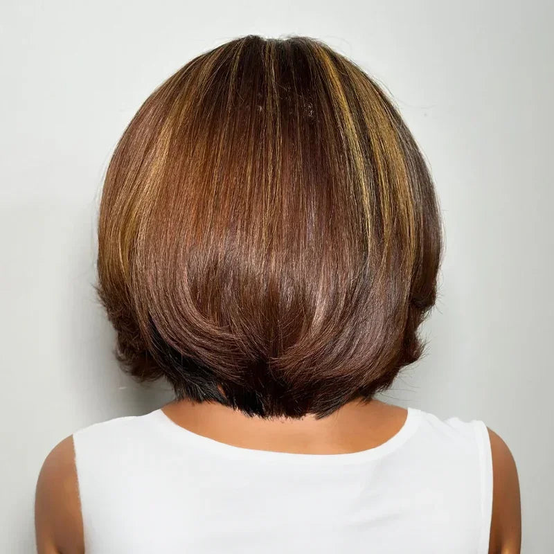 Chic Et Naturel Glueless Couches Couleur Highlight Bob 4x4 Perruque Sans Colle Ondulé 250% Densité