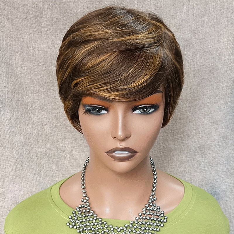 Une Beauté Sans Effort Glueless Couleur #4-27 Mèches Brunes Highlight Pixie Court Lisse Perruque Sans Colle