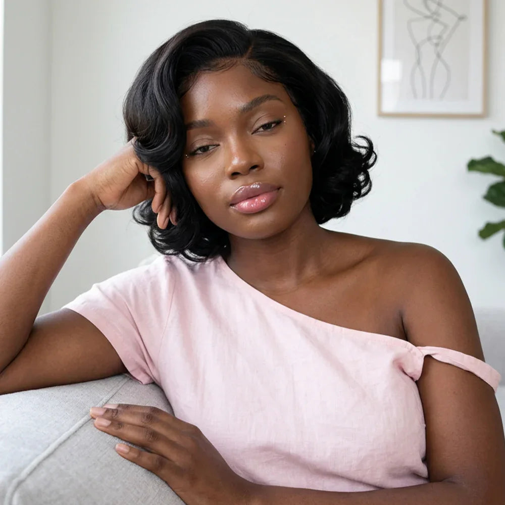 4x4 Légèrement Ondulé Raie Sur Le Côté Glueless Sans Colle Perruque Short Bob Wavy