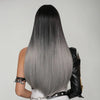 🎃Halloween Glueless Perruque Cheveux Synthétiques Lisse Ombrée Noire À Grise Sans Colle Avec Frange