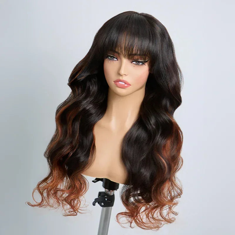 Glueless Sans Nœuds Couleur Highlight 4x4 Perruque Sans Colle Body Wave Avec Frange 250% Densité