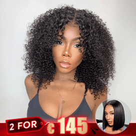 2 𝑭𝑶𝑹 €145.88🔥Glueless Bob 4×4 Noir Kinky Curly+Coupe Émoussée Soyeux Lisse 2x6 Dentelle Perruque