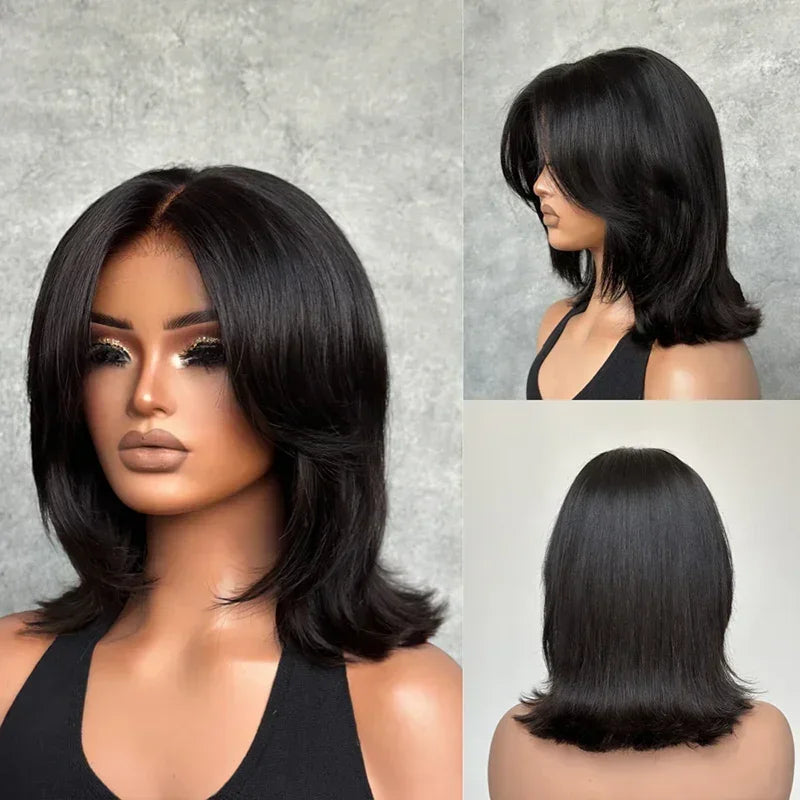 Effet Salon Glueless Couches Wear Go 4x4 Perruque Bob Sans Colle Avec Frange Cheveux Humains Ondulé