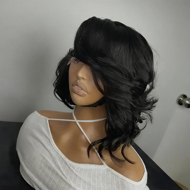 Perruque Lace Frontal 13x6 Carré Asymétrique Dégradé Côté Rasé Highlight Noir San Colle
