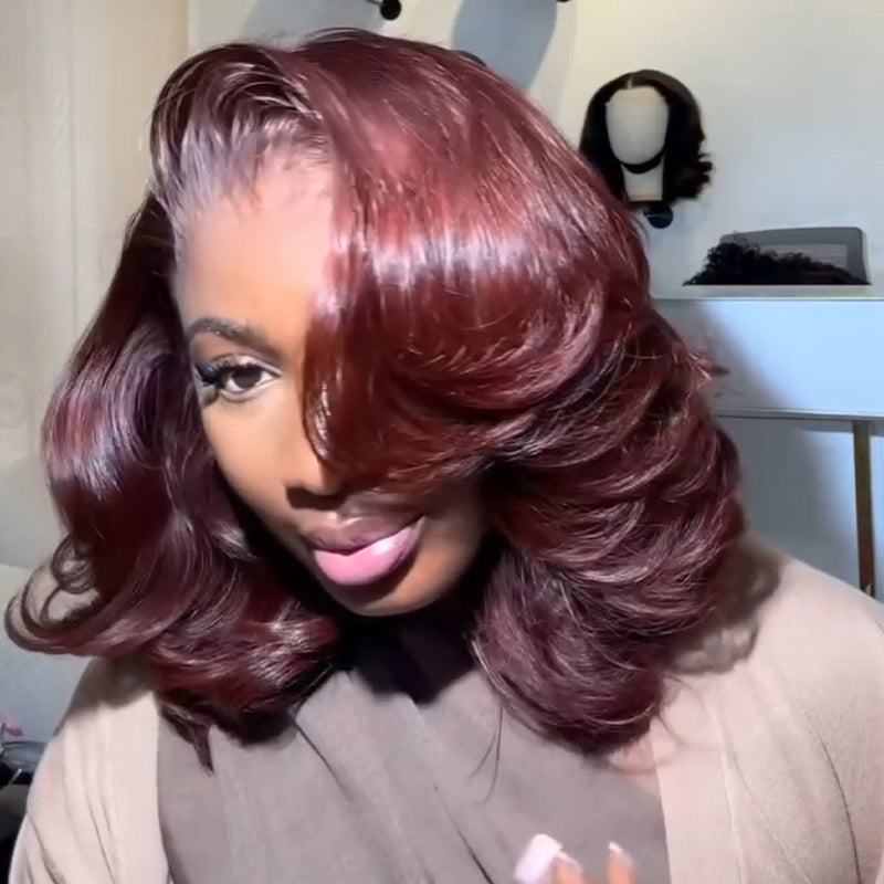 Perruque Bob Burgundy Ondulé Sans Colle Lace 13x4 Glueless Look Chic & Volumineux
