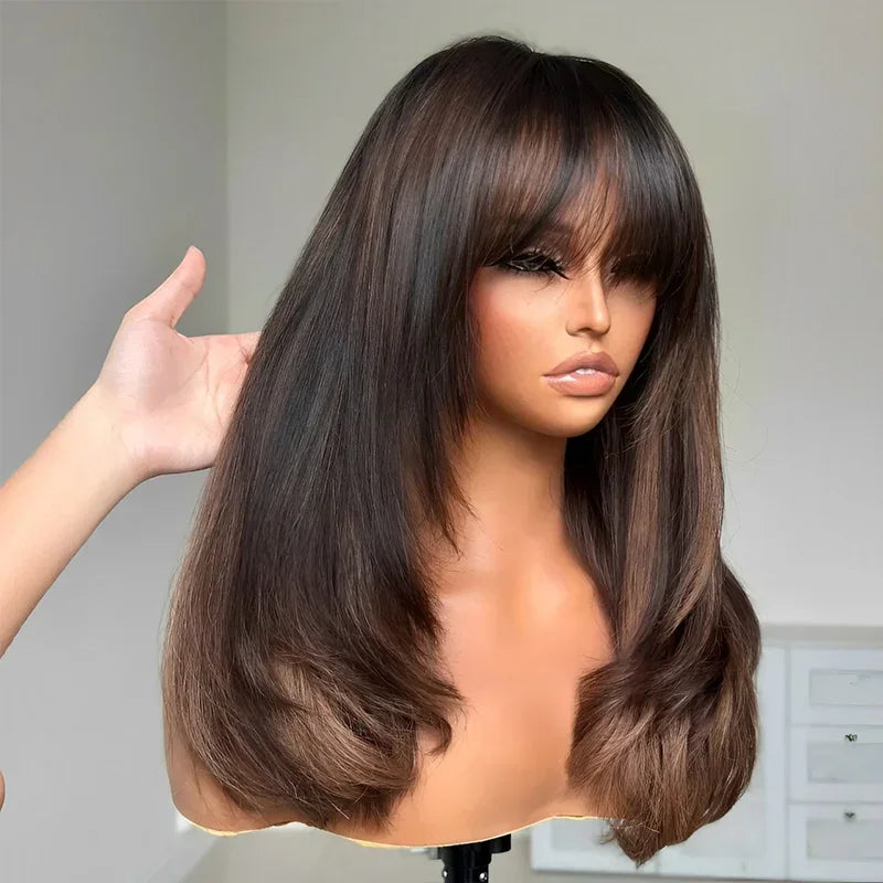 Glueless Coupe Dégradée Couleur Mèches Brunes Avec Frange 4x4 Wear Go Perruque Sans Colle Lisse