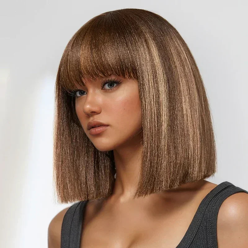 Brown Colored Bob wig with bangs Smooth 200% density