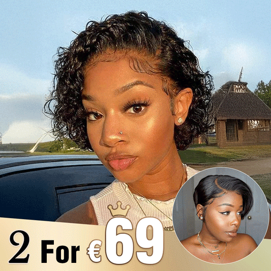 2 𝑭𝑶𝑹 €69🔥Perruque 13×1 Lace Pixie Cut Bouclée +Noir/ Blonde Mélangé Noir/#4-27 Pixie/Ombre Blonde Pixie