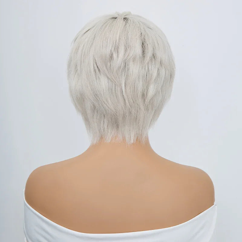 Perruque Pixie Bob Lisse Blanc Argenté Glueless Sans Colle 100% Cheveux Humains
